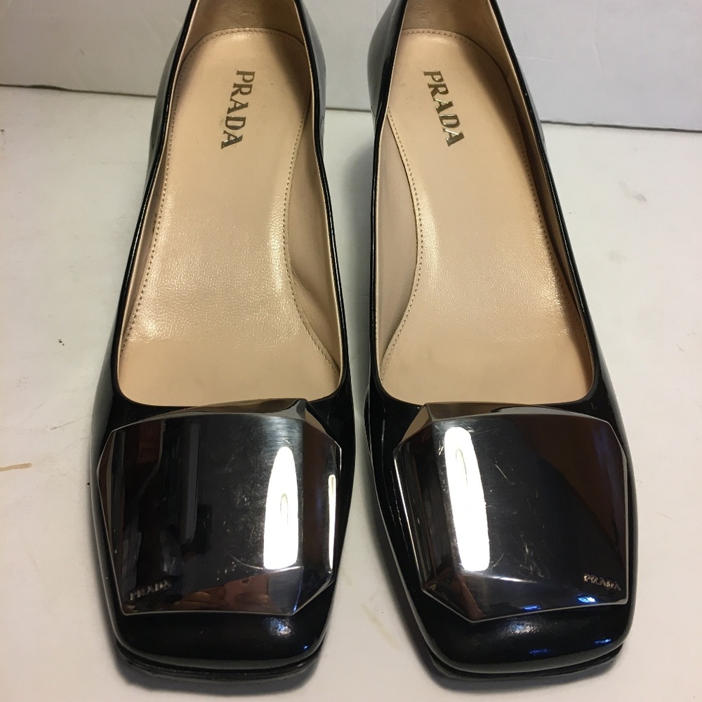 Prada 37 BLACK Patent Leather SILVER SQUARE at Toe